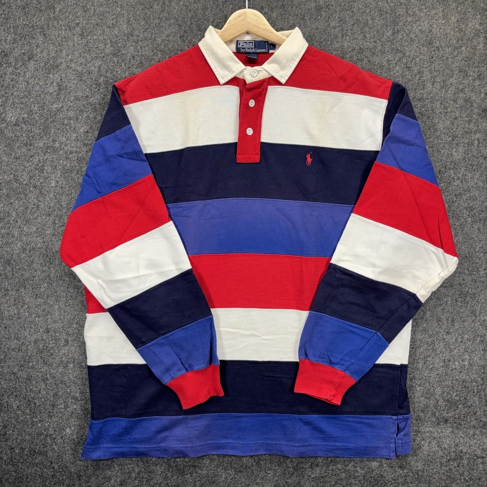 Vintage Polo Ralph Lauren Rugby Polo Shirt Mens Large Striped Red White Blue 90s
